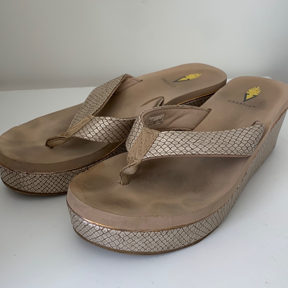 Volatile platform sandals, gold snakeskin size 8